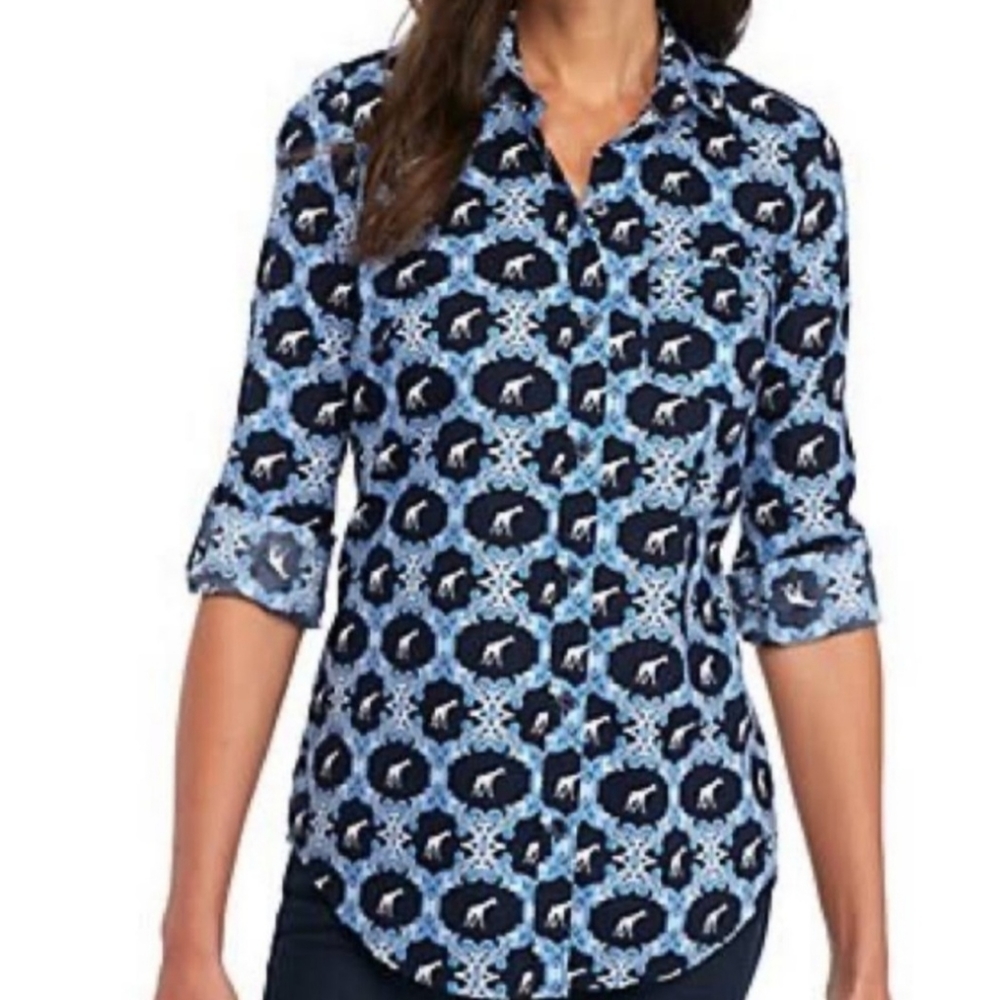 Kim Rogers Boyfriend Blue Giraffes Boho Novelty Print Button Up Shirt XLP